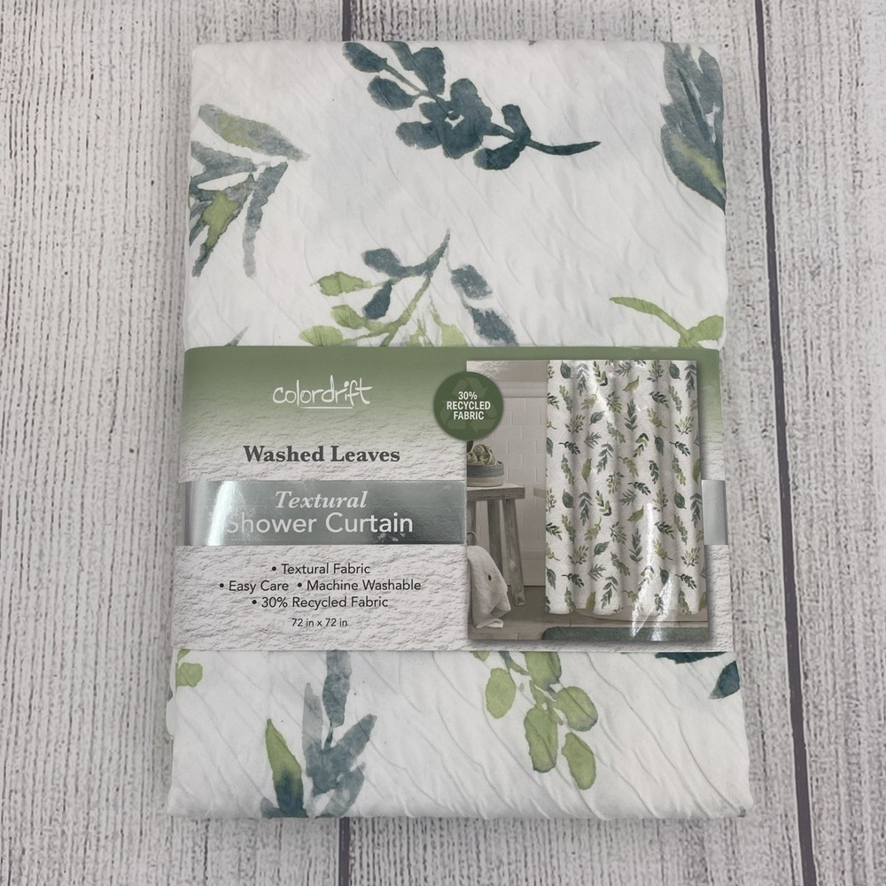 Colordrift Shower Curtain White Green Washed Leaves Textured Crisp Clean